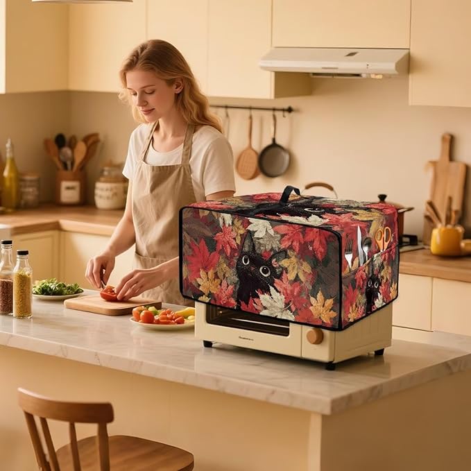 Cat Maple Leaf Print Toaster Oven Dust Cover with Storage Pockets Autumn Decor Dust-Proof Kitchen Appliance Protector for Small Appliances Convection Ovens Fall Decor, S