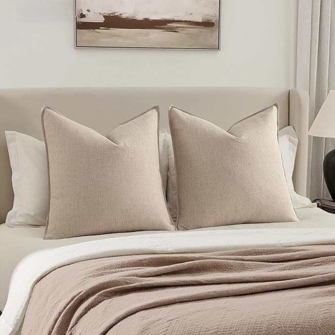 MIULEE Decorative Euro Sham Pillow Covers 24x24, 2 Pack Large Boho Farmhouse Neutral Throw Pillows for Bed, Thick Textured Modern Linen Cushion Cases Couch Sofa Living Room Home Decor, Natural Linen