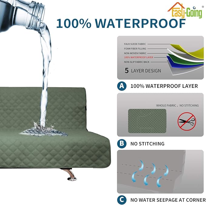 Easy-Going Sofa Slipcover Futon Cover Waterproof Couch Cover Furniture Protector Cover Pets Covers Whole Fabric No Stitching Non-Slip Fabric Pets Kids Children Dog Cat (Futon, Greyish Green)