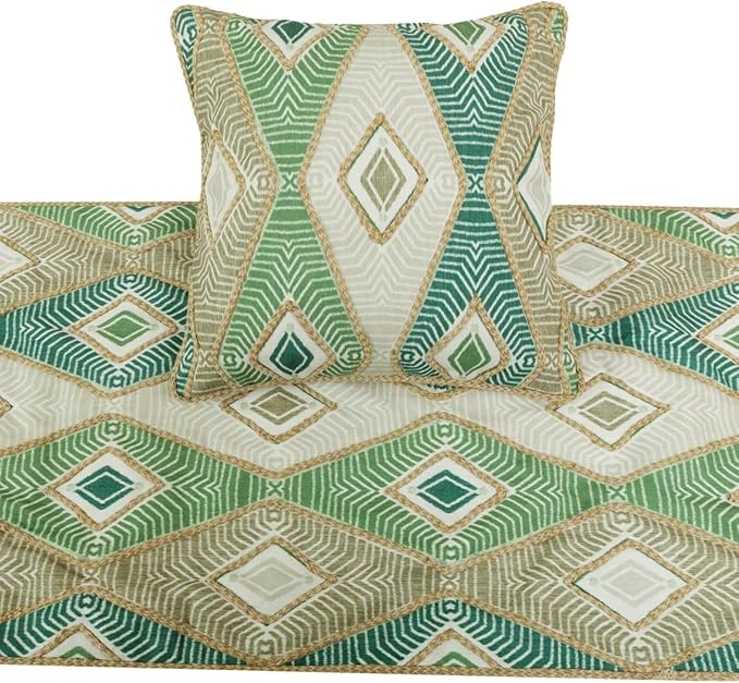 The HomeCentric King/Queen/Twin Green Designer Full 68"x18" Bed Runner Without Pillow Cover, Aztec, Jute Embroidery, Quilted, Tassels, Jute, Moroccan & Tribal Bed Scarf Cotton Fabric - Chantico