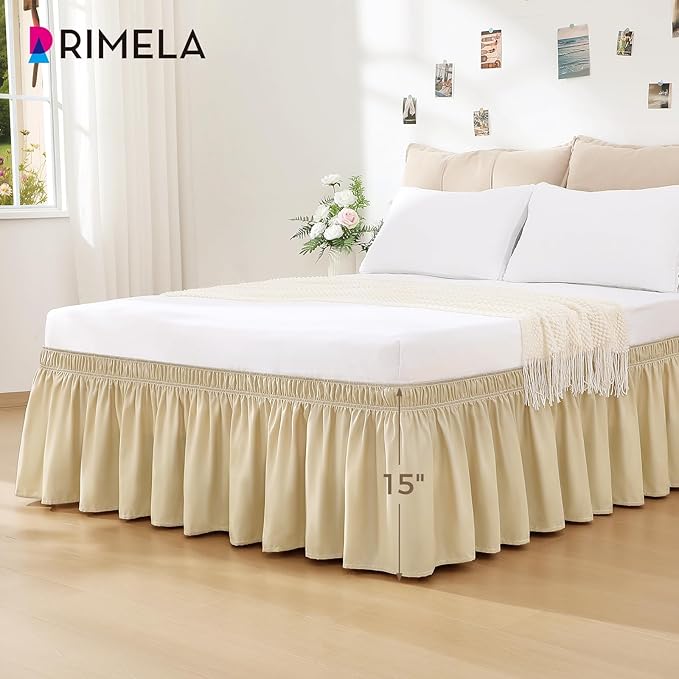 RIMELA Beige White Bed Skirt Queen Size 15 Inch Drop, Elastic Bed Skirting for Bed Base and Frame, Bedding Dust Ruffle Easy to Install, Lightweight Wrap Around Adjustable Bedskirt