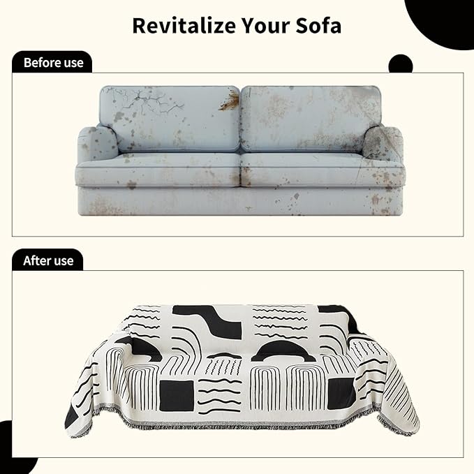 Boho Chenille Couch Cover with Tassels, Bohemian Sofa Cover for 3 Cushion Couch, L-Shaped Sectional, Loveseat, 2/3/4 Seater (71" x 134", Black)