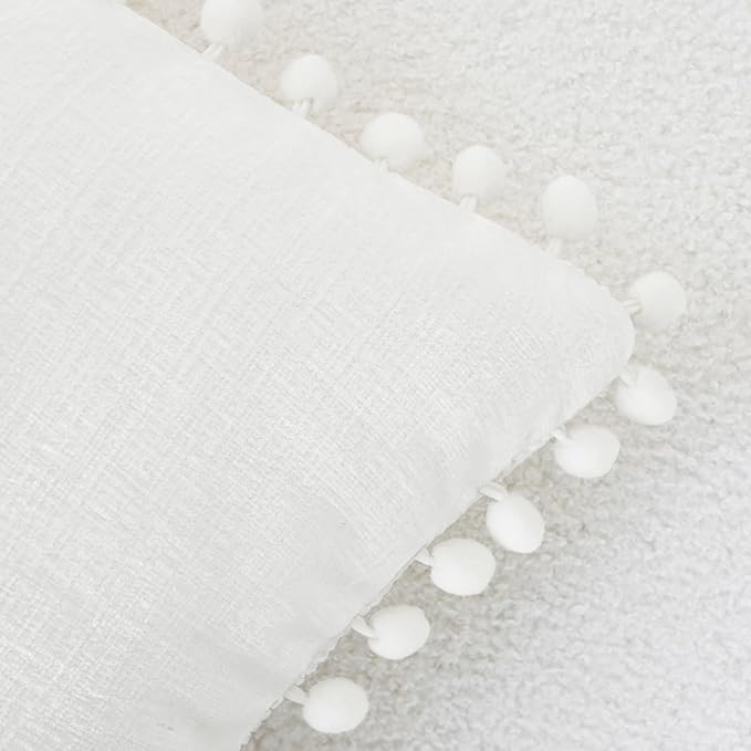 CaliTime Throw Pillow Covers Decorative 18 X 18 Inches Pack of 2 Cozy Solid Dyed Soft Chenille Cushion Cases with Pom Poms for Couch Sofa Bed Living Room Home True White
