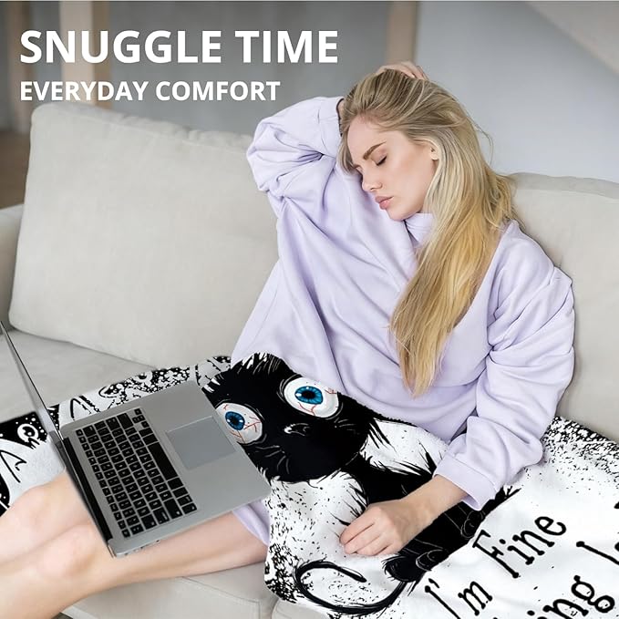 Funny Black Cat Blanket, It's Fine Everything is Fine Funny Throw Blankets for Home Bedroom Living Room Couch Bed Decor, Black Cat Mom Lovers Gifts for Women, 50x60 Inch
