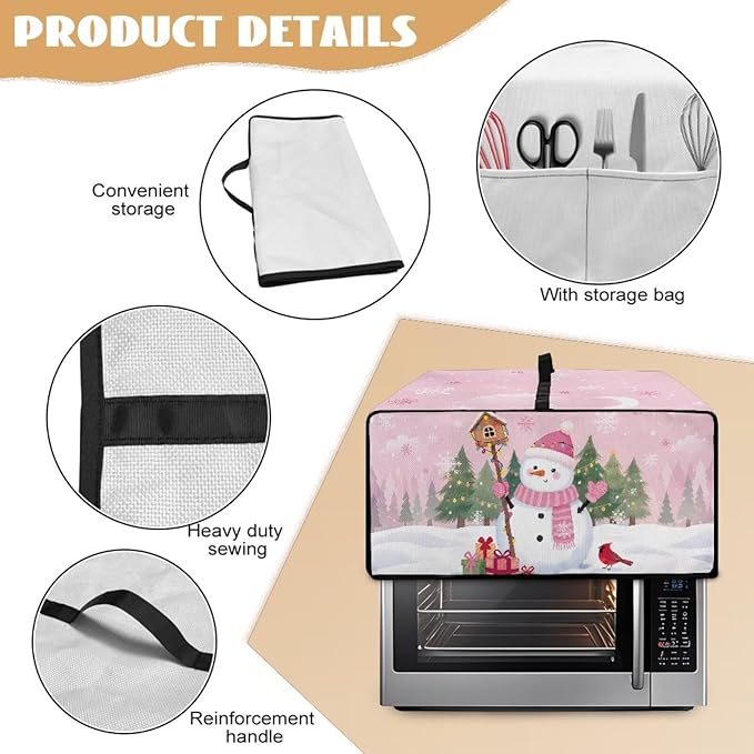 Convection Oven Dustproof Cover with Pockets Washable Toaster Oven Cover Winter Small Appliance Accessories for Kitchen Countertop Christmas Decor, Snowman Cardinal Snowflake Tree Print, S