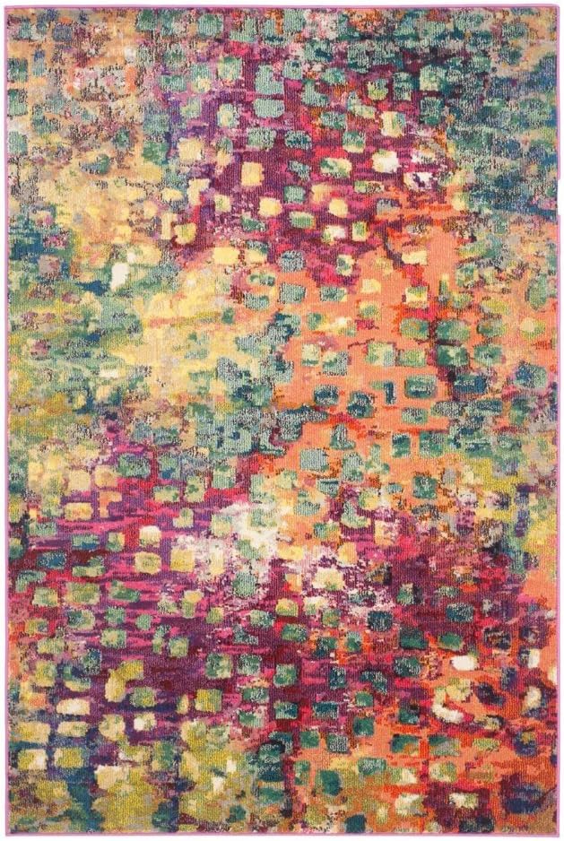 SAFAVIEH Monaco Collection Area Rug - 3' Round, Pink & Multi, Boho Chic Abstract Watercolor Design, Non-Shedding & Easy Care, Ideal for High Traffic Areas in Living Room, Bedroom (MNC225D)