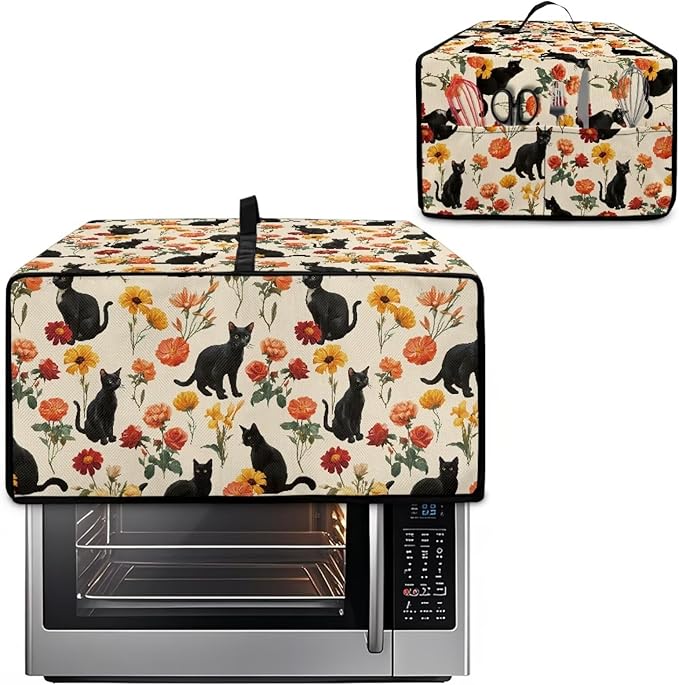 Black Cat Rose Daisy Floral Print Microwave Oven Cover with Storage Pockets Toaster Oven Dust Cover Universal Dustproof Kitchen Appliance Protector Suitable for Most Microwave Ovens, M