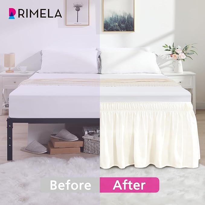 RIMELA Cream White Bed Skirt Queen Size 18 Inch Drop, Wrap Around Elastic Bedskirt, Dust Ruffle for Adjustable Bed Base Machine Washable Easy to Install Bed Skirts