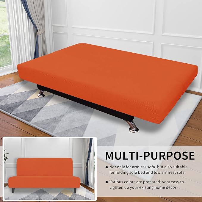 Easy-Going Stretch Futon Slipcover Armless Futon Bed Cover Furniture Protector Without Armrests with Elastic Bottom for Kids, Soft Jacquard Fabric Small Checks (Large, Orange)