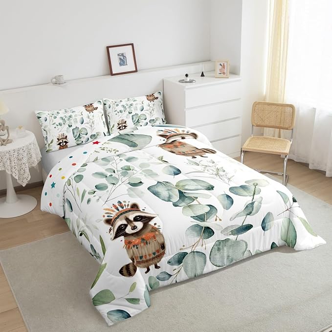 Erosebridal Cute Raccoon Bedding Full Size for Kids Child Green Eucalyptus Comforter Set Full, Woodland Animal Duvet Insert Plant Leaves Quilt Comforter, Cartoon Wildlife Bedding Comforters & Sets
