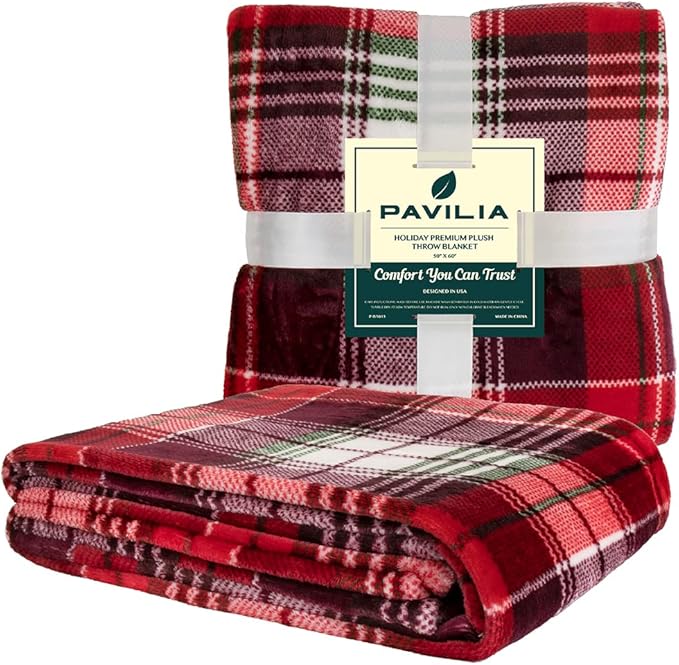 PAVILIA Christmas Throw Blanket | Holiday Christmas Red Fleece Blanket | Soft, Plush, Warm Winter Cabin Throw, 60x80 (Red Green Plaid)