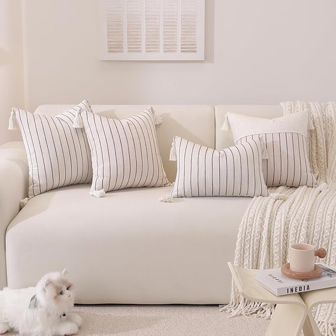 Boho Lumbar Pillow Covers 14x36 Inch Long, Textured Linen Striped Cushion Covers with Tassels, Soft & Cozy Farmhouse Decor Pillow Cases for Sofa Couch Living Room, (Dusty Blue,(Pack of 1))
