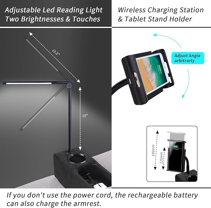 Sofa Armrest with Cup Holder, PU Leather Multifunctional Couch Arm Rest Insert, Removable Couch Caddy with Storage, Equipped with LED Reading Light & Wireless Charge Stand