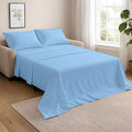 NON Sticky cotton Full Size Sleeper Sofa Sheets, 4 Piece Egyptian Cotton Bed Sheet Set for Sofa Bed, 7" Deep Pocket for Pull Out Couch Mattress, 54" x 75", Light Blue Stripe, Soft & Breathable