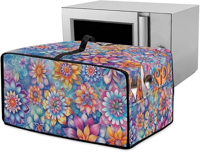 Boho Mandala Floral Print Microwave Oven Dust Cover with Storage Bags Universal Toaster Oven Cover Waterproof Polyester-Linen Fabric Kitchen Appliance Protector, M