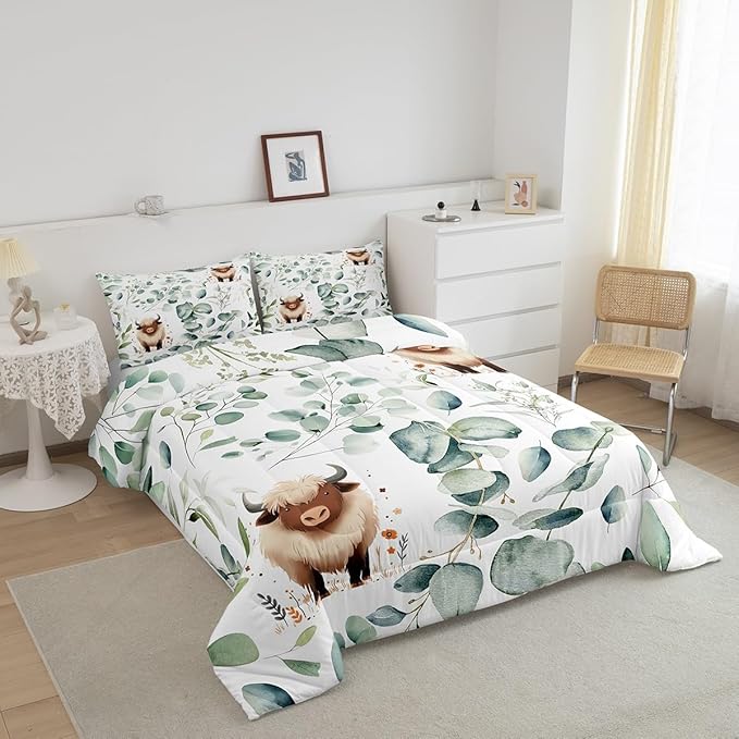 Erosebridal Boys Cartoon Animal Full Comforter Set for Kids Toddler Kawaii Cow Bedding Set Full, Highland Cattle Bull Bedding Comforter Sets Western Cowboy Duvet Set Green Eucalyptus Quilted Comforter