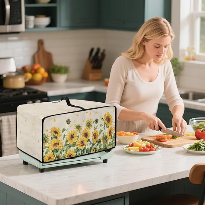 Convection Oven Cover with Storage Pockets, Dust-Proof Small Appliance Protector for Countertop Microwave Toaster Oven, L, 18.5 x 22.5 x 13 Inches, Sunflower Petals