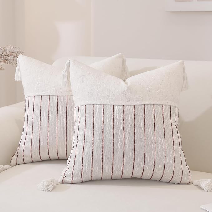 Boho Throw Pillow Covers 18x18 Inch Set of 2, Burgundy Textured Linen Striped Square Pillow Covers with Tassels, Soft & Cozy Farmhouse Décor Pillow Cases for Sofa Couch Bed Living Room Christmas