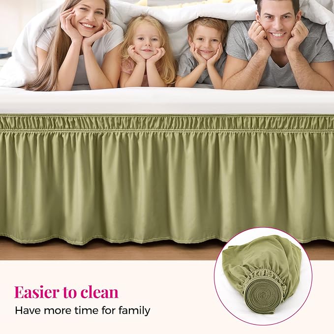 RIMELA Sage Green Bed Skirt Full Size 15 Inch Drop, Elastic Bed Skirting for Bed Base and Frame, Bedding Dust Ruffle Easy to Install, Wrap Around Adjustable Bedskirt
