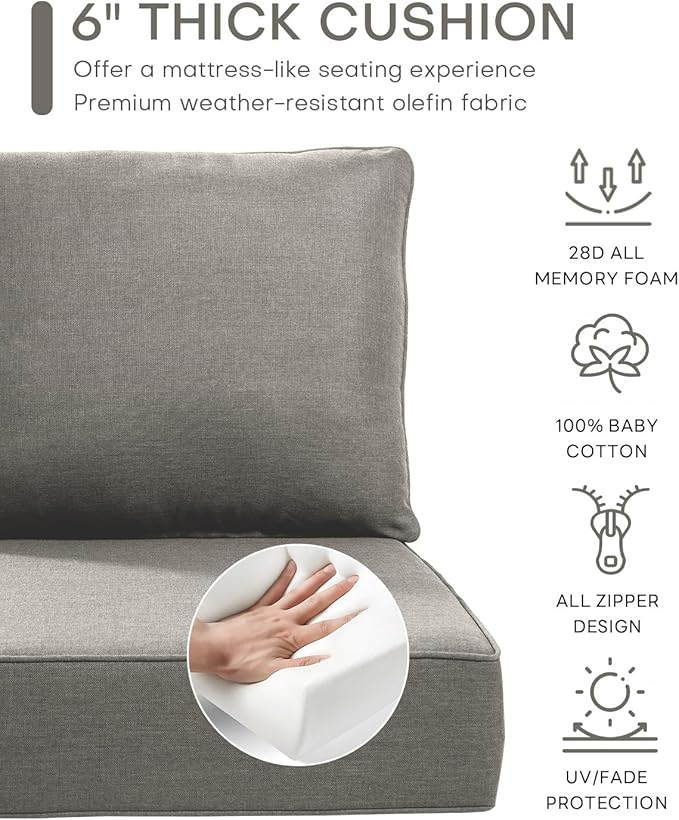 Luxury 24x24x6 Inch Outdoor Cushions for 5 Peice Patio Furniture Set - Set of 5 Water-Resistant Pillow for Dining Rocking Swivel Chairs Loveseat Couch Sectional Sofa - Grey