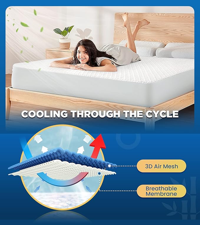 Premium 100% Waterproof Cal King Mattress Protector Breathable Cooling 3D Air Fabric Mattress Cover Smooth Soft Hypoallergenic Noiseless Bed Cover Machine Washable Vinyl Free 8-21'' Deep Pocket