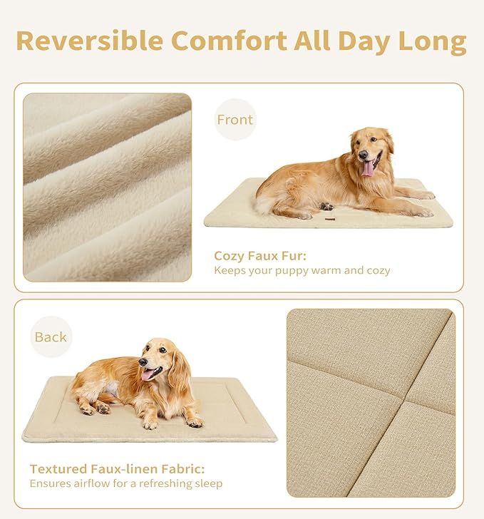 Made4Pets Dog Crate Pad Bed for Large Dogs, Washable & Reversible, Anti-Slip Kennel Mat for Cozy Sleeping, Soft Fluffy Dog Bed for Indoor & Outdoor Use, 36"x27", Beige