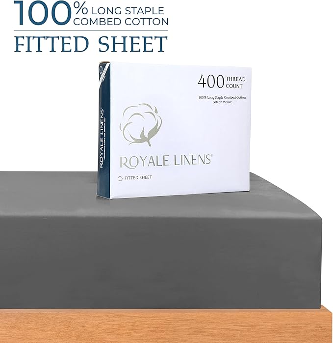 Royale Linens 400 Thread Count 100% American Grown Cotton Fitted Sheet Full Size - All Around Elastic Fitted Sheets - Luxury Sateen Weave - Snug Fit Bottom Sheet Fit Up to 16 Inch (Full,Spanish Slate)