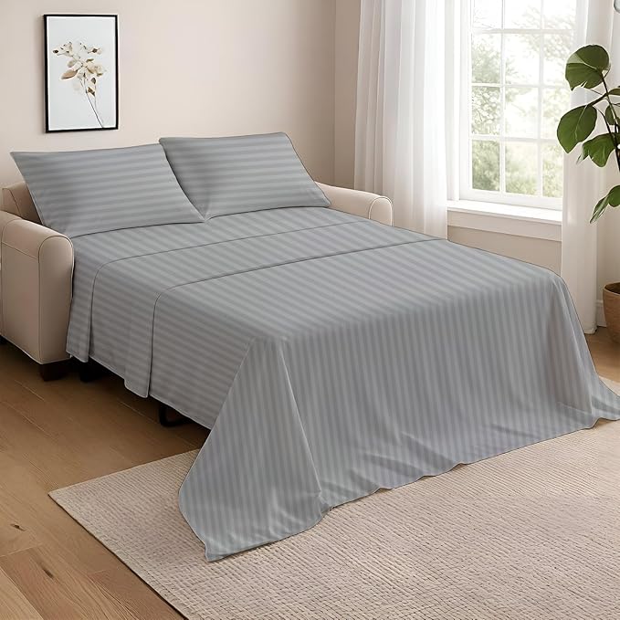 NON Sticky cotton Full Size Sleeper Sofa Sheets, 4 Piece Egyptian Cotton Bed Sheet Set for Sofa Bed, 8" Deep Pocket for Pull Out Couch Mattress, 54" x 75", Light Grey Stripe, Soft & Breathable