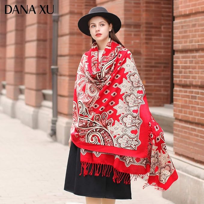 DANA XU 100% Merino Wool Extra Large Pashmina Blanket Travel Scarf Cashmere Wrap for Women Fall Winter Oversize Shawl Floral