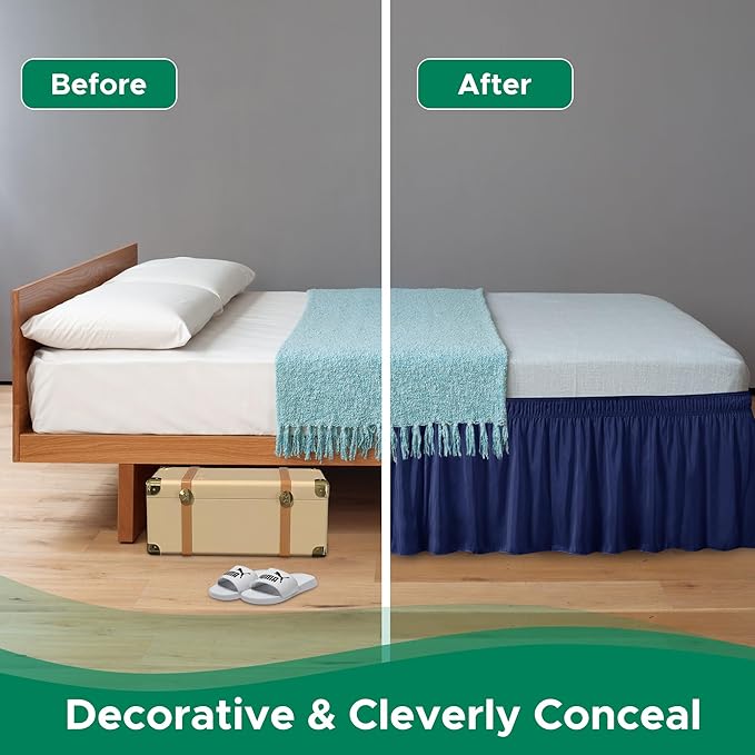 Biscaynebay Wrap Around Bed Skirts for King & Cal King Beds Short Drop of 12", Navy Adjustable Elastic Dust Ruffles Easy Fit Wrinkle Resistant Silky Luxurious Fabric Machine Washable