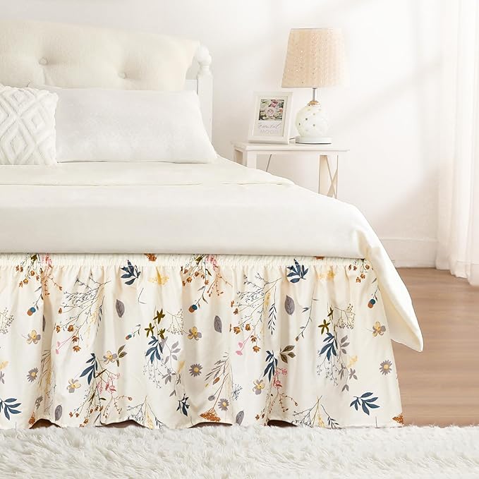 RIMELA Cream Balloon Bed Skirt Queen Size 15 Inch Drop, Elastic Bed Skirting for Bed Frame, Bedding Dust Ruffle Easy to Install, Lightweight Wrap Around Adjustable Bedskirt,Bedroom Decor
