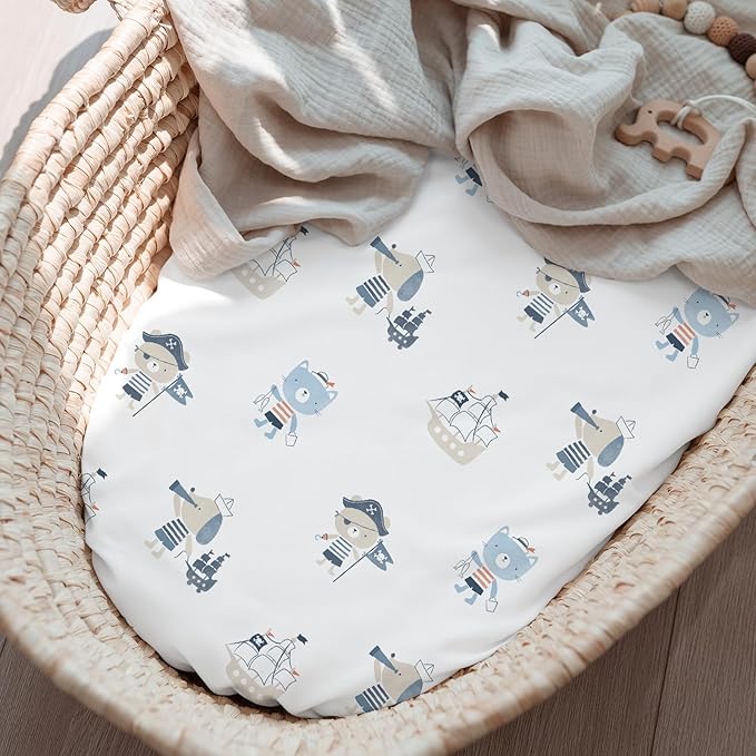 Baby Bassinet Sheets Girl Boy, Stretch Fitted Bassinet Sheet Set 3 Pack Bassinet Mattress Sheets Universal Fit for Rectangle, Round, Oval, Hourglass Mattress, Soft Breathable Blue Ocean Sailor