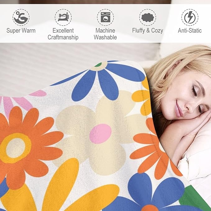 70s Retro Flower Throw Blanket, 60s Vintage Groovy Daisy Flowers Boho Hippie Bright Colorful Floral Print Blanket for Couch Chair Sofa Bed Dorm Bedroom Home 60"x80"