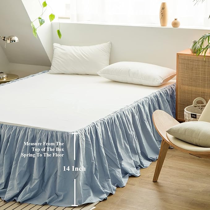 BISELINA French Linen Bed Skirt with Pleated Frills 14-Inch Tailored Drop Natural Flax Cotton Blend Dust Ruffle Soft Cozy Farmhouse Bedding (14" Full, Ruffle Dusty Blue)
