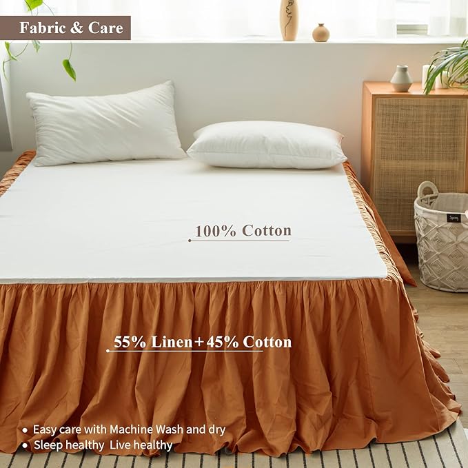 BISELINA French Linen Bed Skirt with Pleated Frills 22-Inch Tailored Drop Natural Flax Cotton Blend Dust Ruffle Soft Cozy Farmhouse Bedding (22" Queen, Rust)