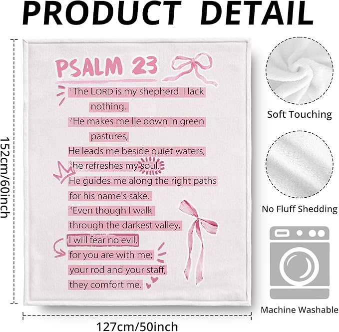 Coquette Pink Bow Christian Blanket, Psalm 23 Bible Verse Throw Blankets for Girly Room Bedroom Dorm Couch Bed Decor, Preppy Religious Blanket, Christian Gifts for Women Girls, 50x60 Inch