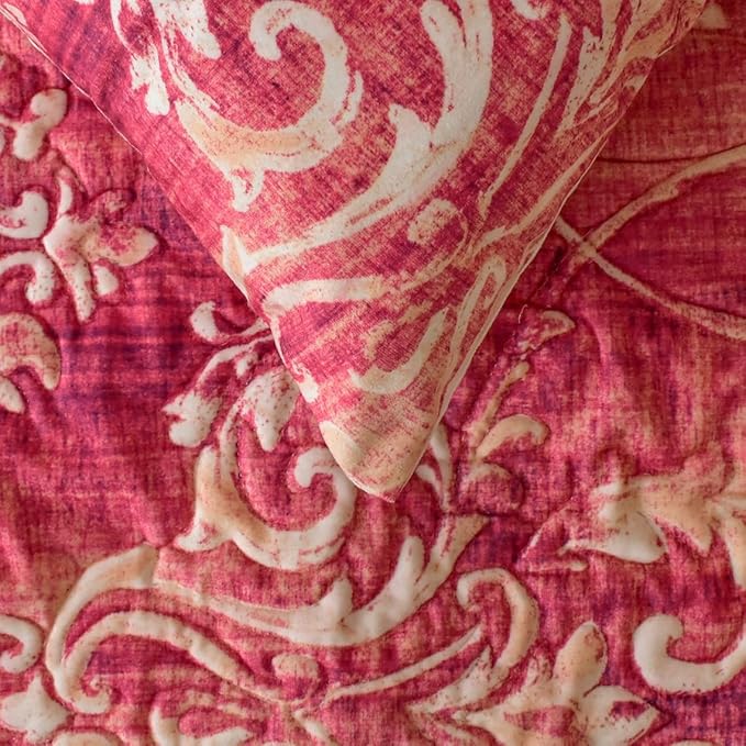 The HomeCentric King/Queen/Twin Pink Luxury CA King 86"x18" Bed Runner with Two Pillow Cover, Damask, Quilted Bed Scarf on Velvet Fabric - Pink Dalliance
