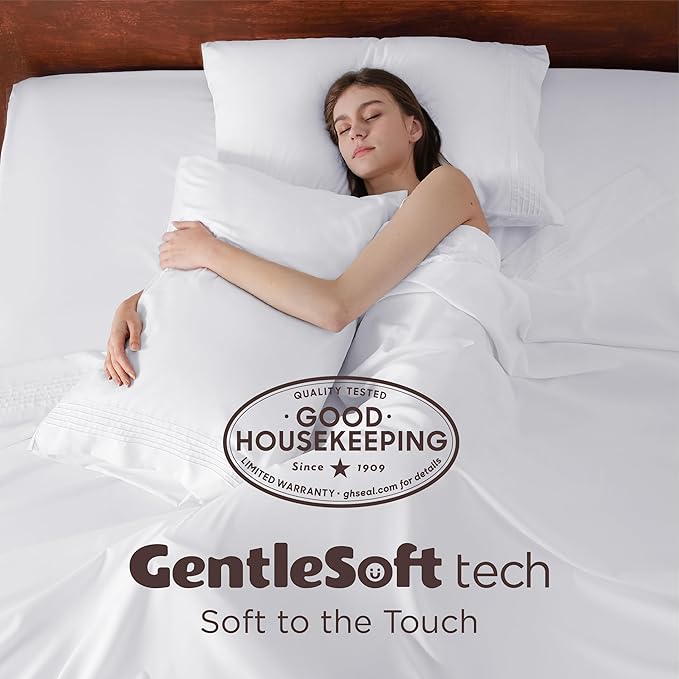 Bedsure Deep Pocket Queen Sheets Set - Fits Mattresses Up to 21 Inches Thick - 4 Piece GentleSoft Bed Sheets, Moisture Wicking, Soft & Cooling Bedsheet & Pillowcases, Easy & Secure Fit, White