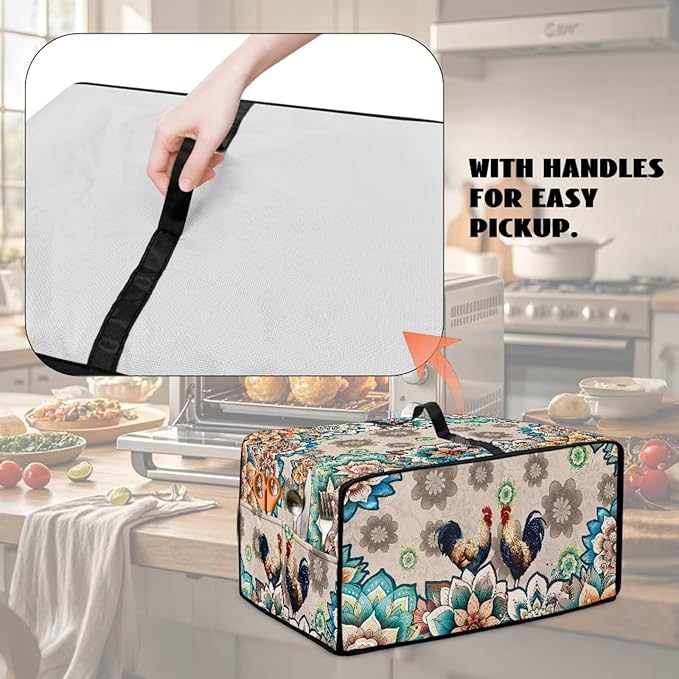 Rooster Boho Mandala Floral Print Microwave Oven Dust Cover Polyester-Linen Fabric Microwave Oven Cloth Cover Universal Case Protections Protector with Storage Bags, L