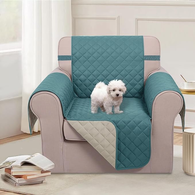U-NICE HOME Recliner Chair Covers Reversible Chair Cover Pet Covers for Dogs with Elastic Straps Water Resistant Diamond Quilted (23''Recliner Small, Blue/Beige)