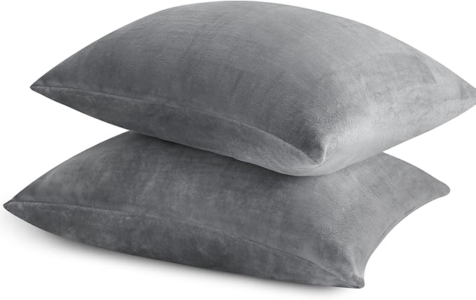 BEDELITE Flannel King Size Pillow Cases Set of 2, Super Soft Fleece Pillowcases with Zipper for Bedroom, Sofa, Couch,Luxury Cozy Fuzzy Velvet Pillow Shams for All Seasons(20x36 Inches,Gray)