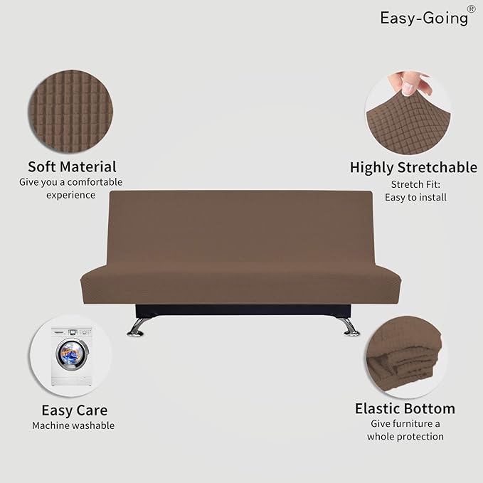 Easy-Going Stretch Futon Slipcover Armless Futon Bed Cover Furniture Protector Without Armrests with Elastic Bottom for Kids, Soft Jacquard Fabric Small Checks (Large, Brown)