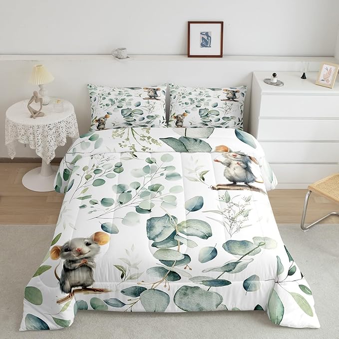 Erosebridal Kids Cute Animal Full Bedding Sets for Girls Boys Cartoon Mouse Comforter Set, Spring Eucalyptus Bedding Comforter Sets Watercolor Leaves Duvet Insert, Kawaii Animal Mice Down Comforter
