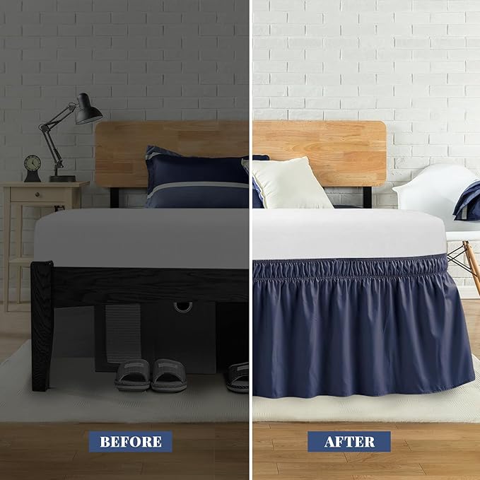 King Bed Skirt, Elastic Wrap Around Bed Skirt King Size, Bed Skirts for Adjustable Bed, Easy Fit with 14" Drop Length Tailored Drop Dust Ruffle (Navy)