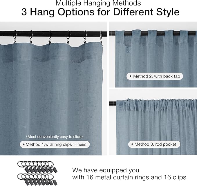 Anmao Natural Linen Curtains for Living Room 102 Inch Length 2 Panels Set, Light Filtering Semi Sheer Window Curtain Drapes for Bedroom with Curtain Rings and Clips, 52 Inch Wide Each Panel, Haze Blue