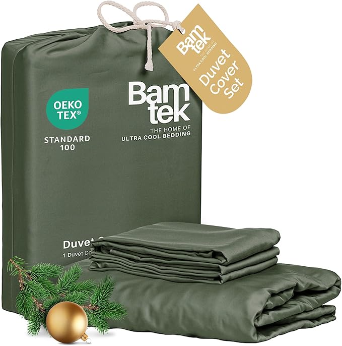 Duvet Cover Set - 100% Viscose Derived from Bamboo Duvet Cover Queen Size, 3 PC Luxury Cooling Duvet Cover for Hot Sleepers, Silky Buttery Soft Comforter Cover & 2 PC Queen Pillowcases, Moss
