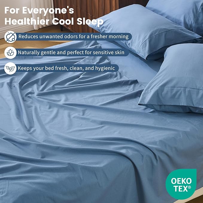 100% Linen Sheet Set Queen Size Extra Deep Pocket Fits 18-24 Inch Mattress, Breathable & Soft, Smooth 6-Piece Set for Thick Mattresses Hotel Luxury Bedding（Queen, Dusty Blue）