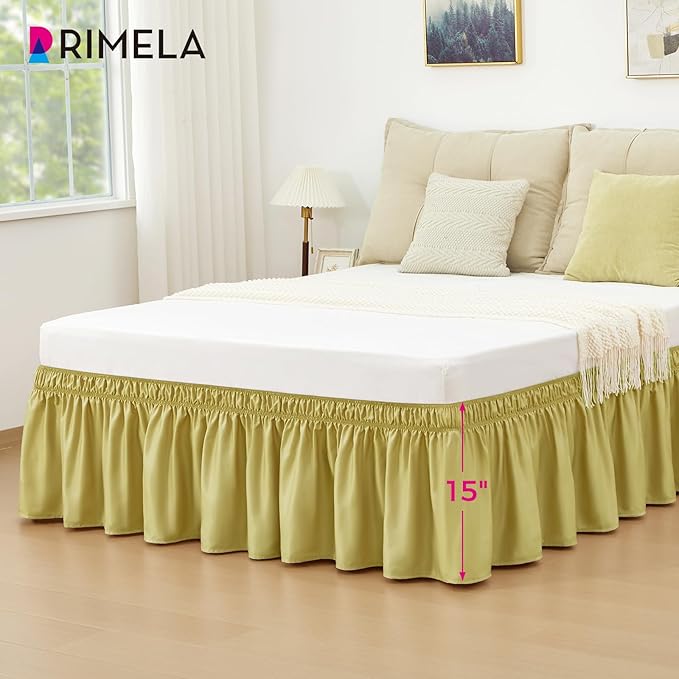 RIMELA Bed Skirt Queen Size Champagne Green 15 Inch Drop, Wrap Around Elastic Bedskirt, Dust Ruffle for Adjustable Bed Base Soft Durable Fabric Machine Washable Easy to Install Bed Skirts