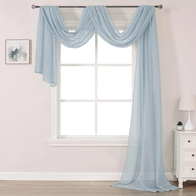DONREN Sheer Canopy Bed Curtains Panels- Elegant Solid Voile Sheer Valance Topper Long Window Treatment Scarf for Villa/Cottage (1 Pcs, Dusty Blue, W52 x L216 Inch)