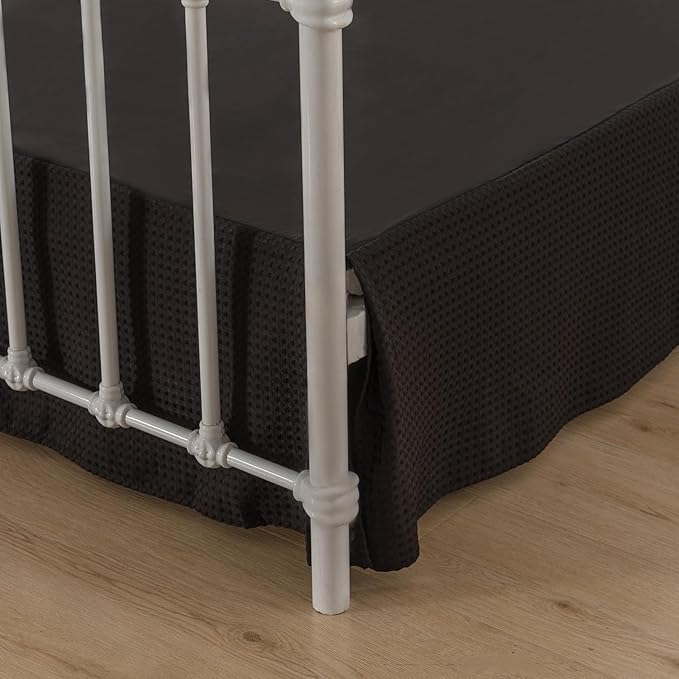 Bed Skirt King Size, Pleated Waffle Weave Bed Skirt with Split Corners, Tailored Dust Ruffle 12 Inch Drop Easy Fit, Machine Washable, Black, 12" King